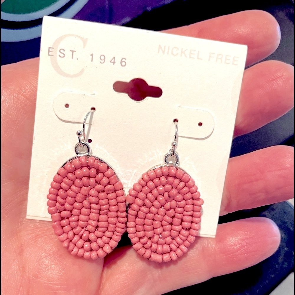 Cato rose pink boho 1.5” seed bead dangling pierced earrings nickel free NEW